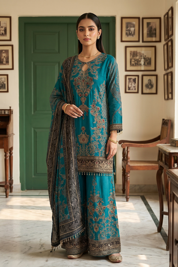 Effortless Glamour Rama Crepe Readymade Sharara Set With Crepe Dupatta