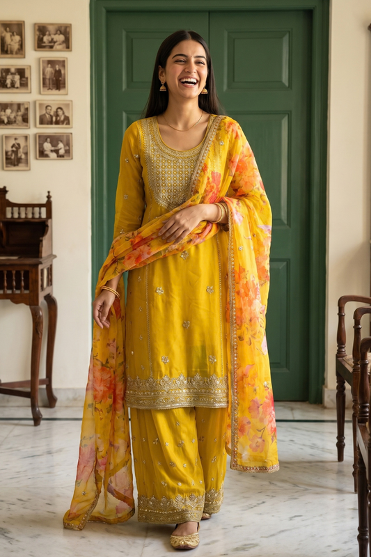 Raw Elegance Mustard Georgette Readymade Sharara Set With Georgette Dupatta