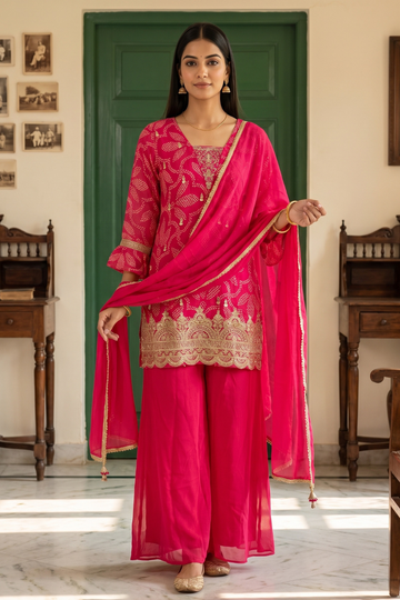 Rani Cotton Readymade Sharara Set With Chiffon Dupatta