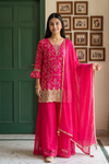 Rani Cotton Readymade Sharara Set With Chiffon Dupatta