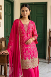 Rani Cotton Readymade Sharara Set With Chiffon Dupatta