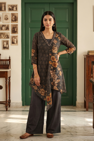 Bold Statement Black Crepe Readymade Suit And Plazzo Set