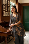 Bold Statement Black Crepe Readymade Suit And Plazzo Set