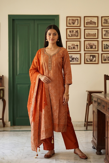 Heritage Glow Rust Banarasi Silk Readymade Suit With Silk Dupatta