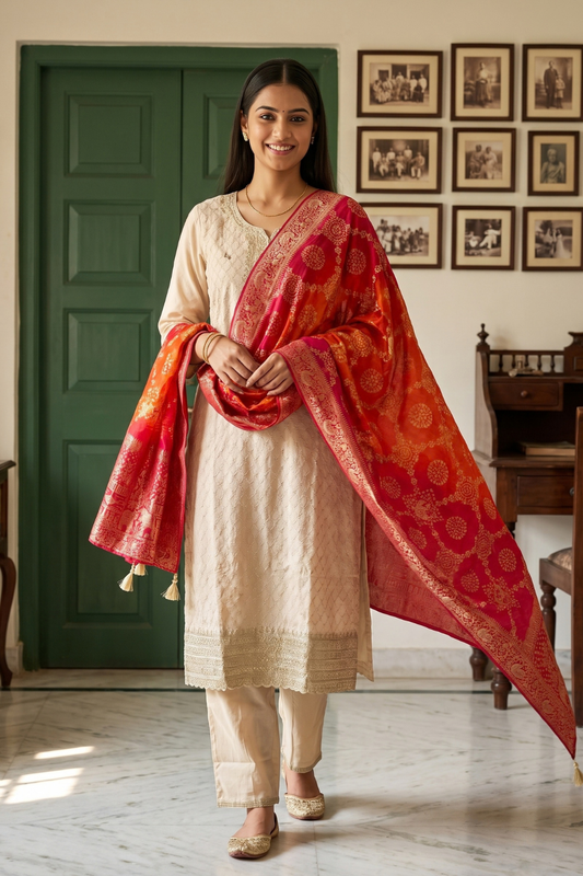 Timeless Beauty Tussar Maroon Cotton Readymade Suit With Organza Dupatta