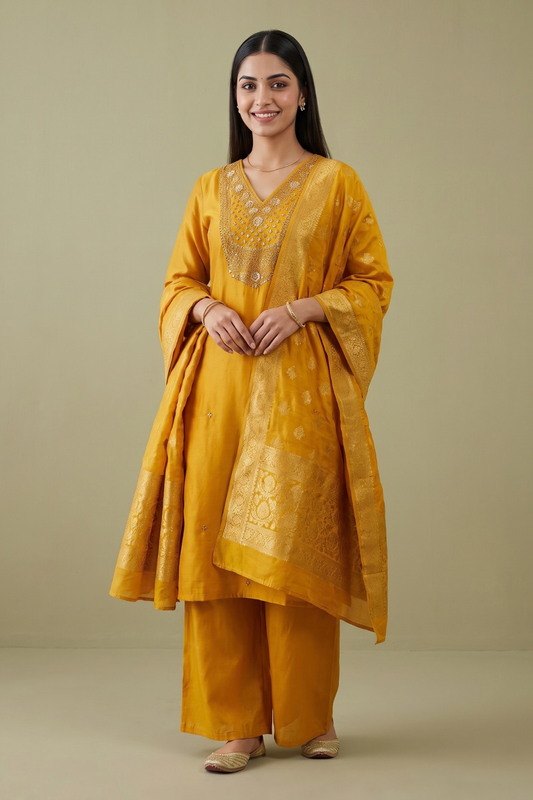 Raw Elegance Mustard Cotton Readymade Suit With Cotton Dupatta