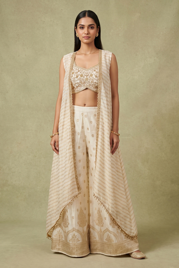 Effortlessly Beautiful Off White Organza Readymade Suit Set With Shrug