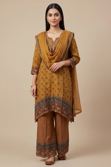 Raw Elegance Mustard Cotton Readymade Suit with Chiffon Dupatta