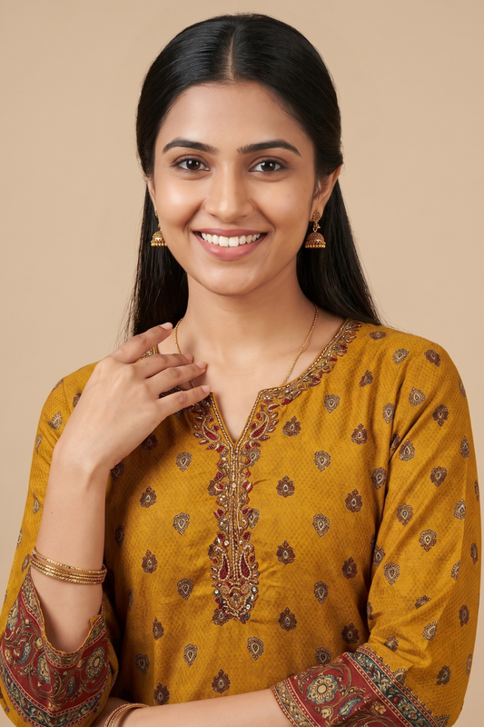 Raw Elegance Mustard Cotton Readymade Suit with Chiffon Dupatta