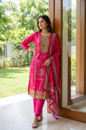 Red Rani Cotton Readymade Suit And Plazzo with Cotton Dupatta