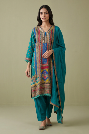 Royal Rama Crepe Readymade Suit And Plazzo with Chiffon Dupatta
