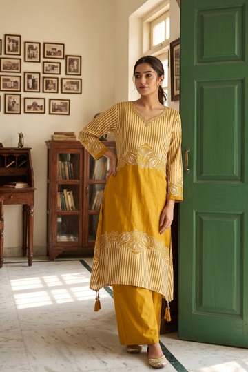 Raw Elegance Mustard Satin Readymade Suit And Plazzo Set