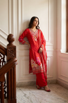 Grace Radefined Red Muslin Readymade Suit And Plazzo with Cotton Dupatta