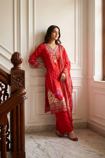 Grace Radefined Red Muslin Readymade Suit And Plazzo with Cotton Dupatta