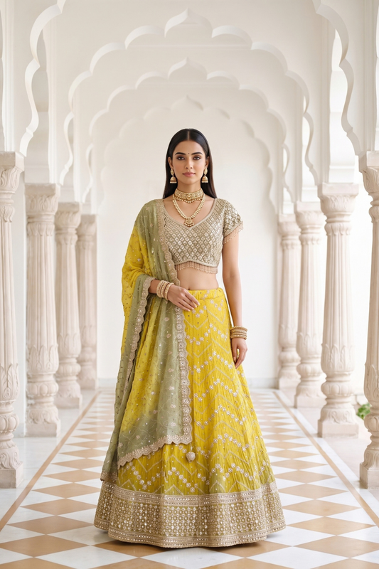 Pista Gold Organza Lehenga Set And Tissue Dupatta With Readymade Blouse