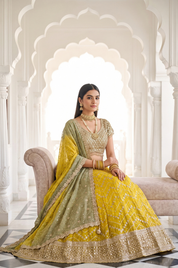 Pista Gold Organza Lehenga Set And Tissue Dupatta With Readymade Blouse