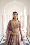 Delicate And Dreamy Mauve Banarasi Silk Lehenga Set And Dupatta With Readymade Blouse