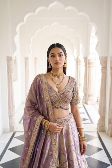 Delicate And Dreamy Mauve Banarasi Silk Lehenga Set And Dupatta With Readymade Blouse