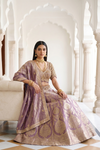 Delicate And Dreamy Mauve Banarasi Silk Lehenga Set And Dupatta With Readymade Blouse