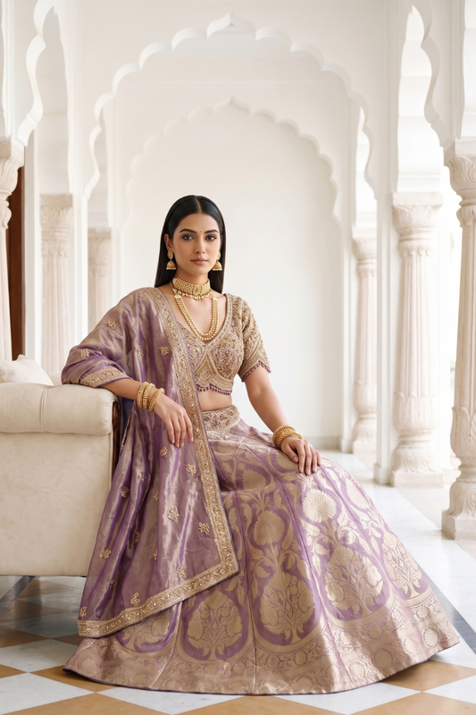 Delicate And Dreamy Mauve Banarasi Silk Lehenga Set And Dupatta With Readymade Blouse
