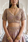 Delicate And Dreamy Mauve Banarasi Silk Lehenga Set And Dupatta With Readymade Blouse