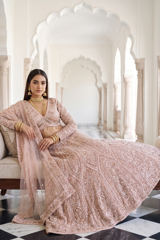 Blush Elegance Peach Net Lehenga Set And Net Dupatta With Readymade Blouse