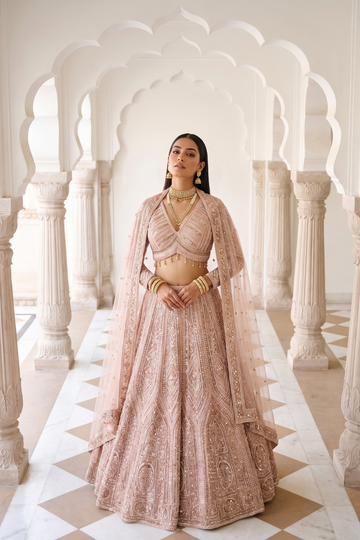 Blush Elegance Peach Net Lehenga Set And Net Dupatta With Readymade Blouse