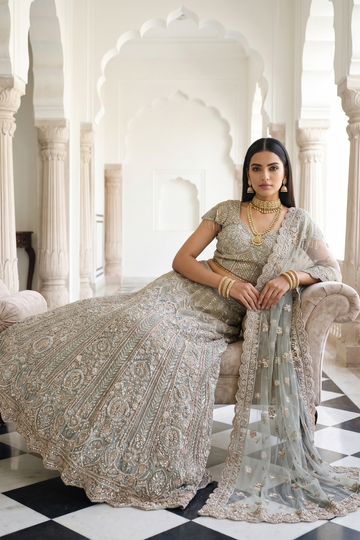 Olive Net Lehenga Set And Net Dupatta With Readymade Blouse