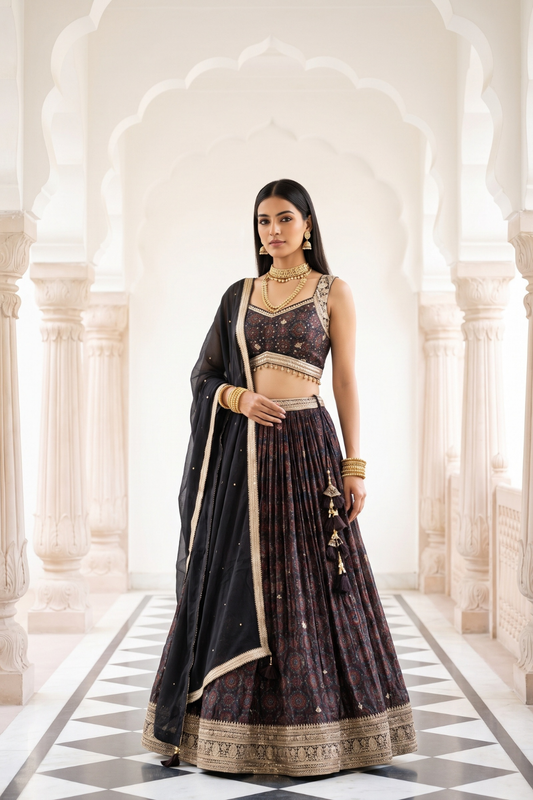 Bold Statement Black Crepe Lehenga Set And Crepe Dupatta With Readymade Blouse