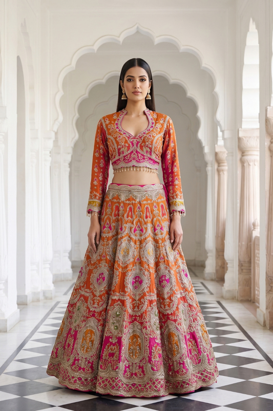 Rust Rani Crepe Lehenga Set And Net Dupatta With Readymade Blouse