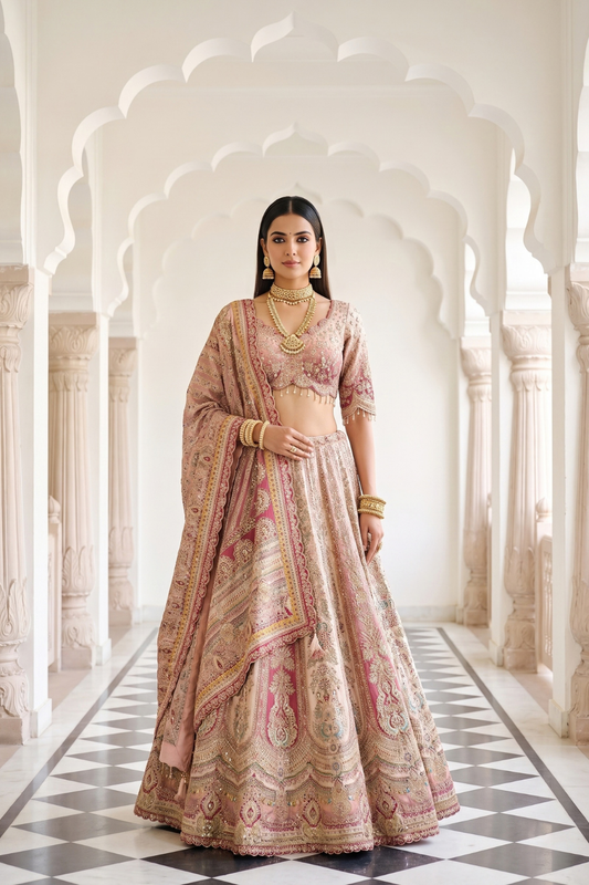 Blush Elegance Peach Crepe Lehenga And Crepe Dupatta With Readymade Blouse