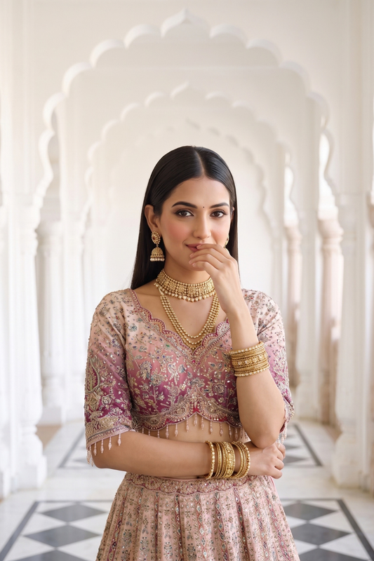 Blush Elegance Peach Crepe Lehenga And Crepe Dupatta With Readymade Blouse