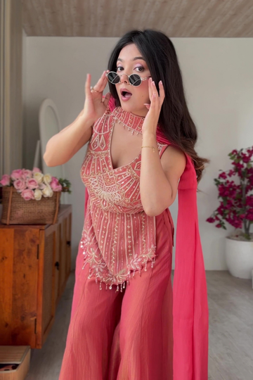 Gajari Crush Tissue Readymade Sharara Set With Organza Dupatta ( FT- Aarti Chauhan )