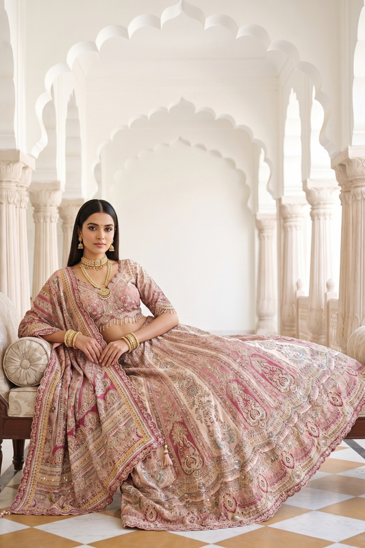 Blush Elegance Peach Crepe Lehenga And Crepe Dupatta With Readymade Blouse