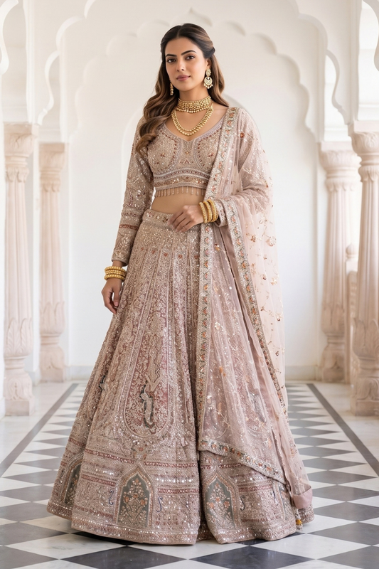 Timeless Beauty Tussar Net Lehenga Set And Net Dupatta With Readymade Blouse