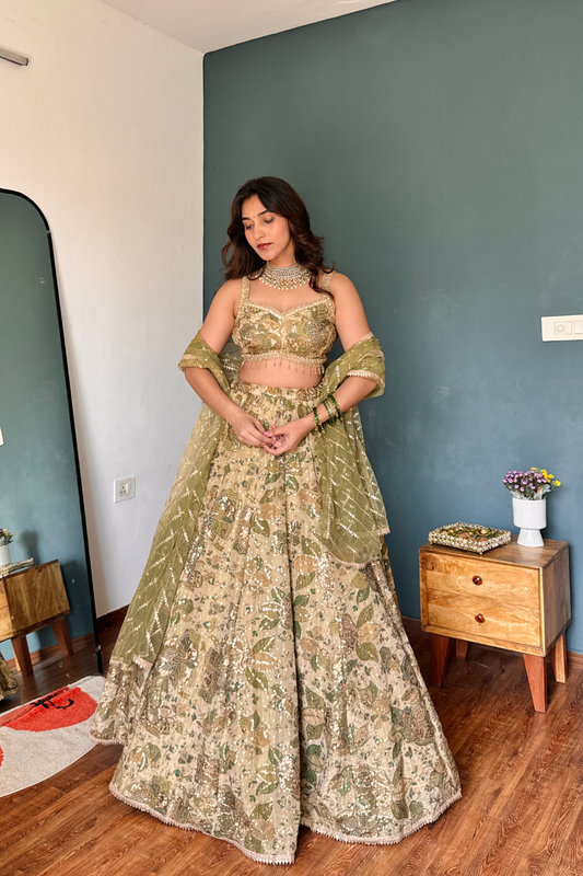 Tussar Pista Organza Lehenga Set And Organza Dupatta With Readymade Blouse ( Ft- Review Addict )