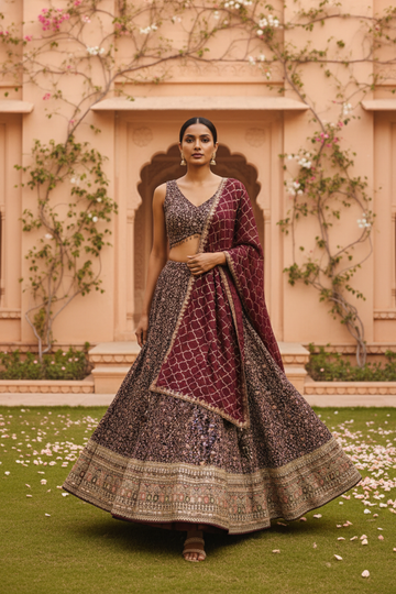 Garnet Georgette Lehenga Set And Net Dupatta With Readymade Blouse