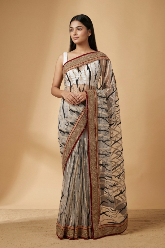 White Net Embroidered Saree With Unstitched Blouse