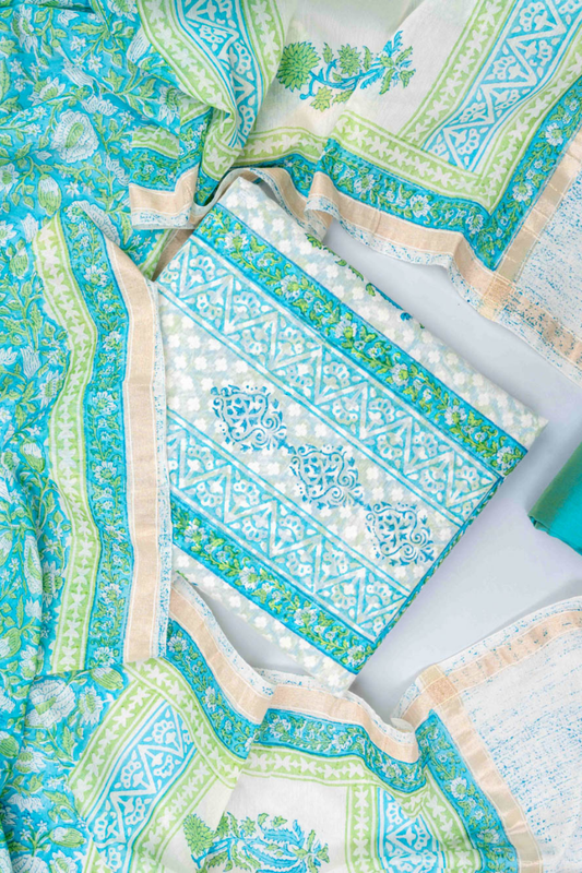 White Firozi Cotton Unstitched Salwar Suit With Cotton Dupatta