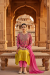 Timeless Elegance Rani Gajji Satin Readymade Suit And Pant With Chinon Dupatta