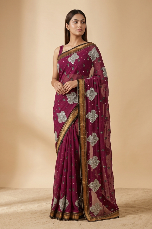 Garnet Chiffon Embroidered Saree With Unstitched Blouse