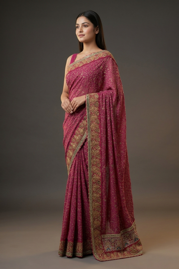 Mouvish Gajari Georgette Embroidered Saree With Unstitched Blouse