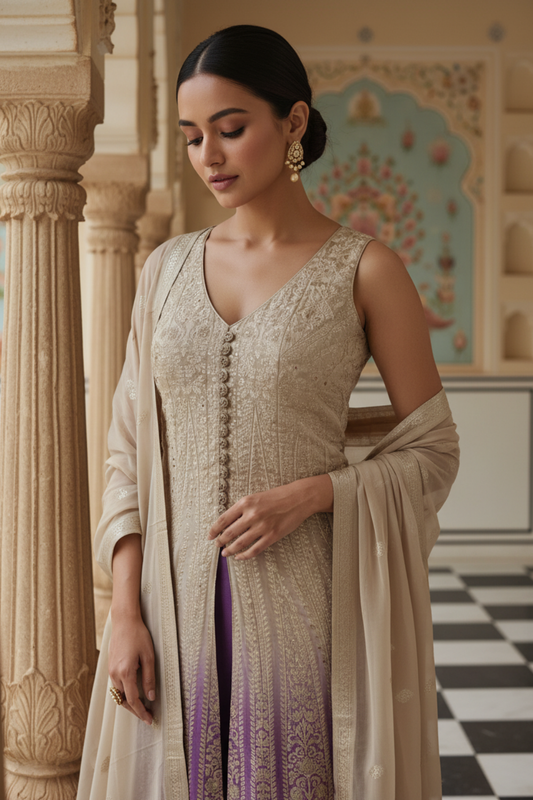 Tussar Mauve Loom Readymade Suit & Palazzo Pants With Georgette Dupatta