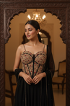 Black Crepe Readymade Sharara Set With Organza Dupatta