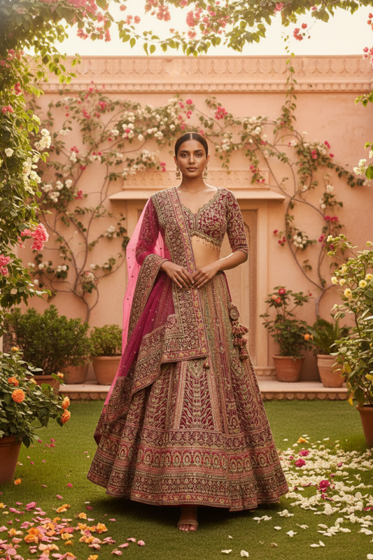 Rani Crepe Lehenga Set And Net Dupatta With Readymade Blouse