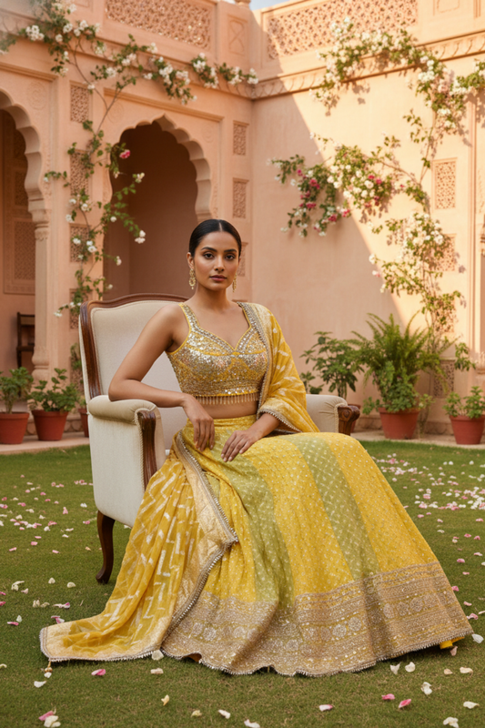 Mango Gold Tissue Lehenga Set And Net Dupatta With Readymade Blouse