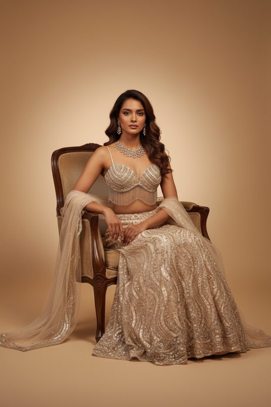 Peach Net Lehenga Set And Net Dupatta With Readymade Blouse