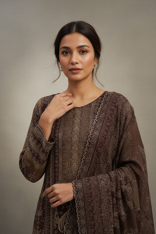 Brown Crepe Readymade Sharara Set With Crepe Dupatta