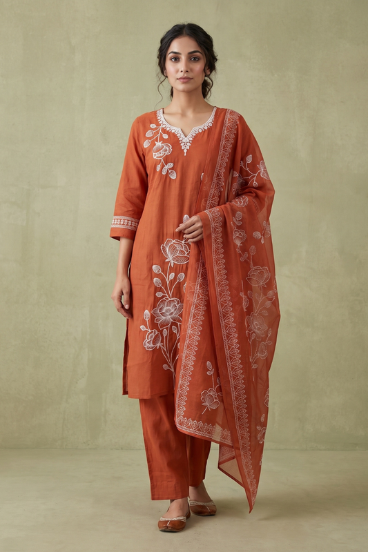 Rust Cotton Readymade Suit And Plazzo with Cotton Dupatta