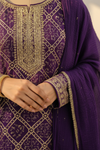 Draped in Royalty Purple Crepe Readymade Suit And Plazzo With Chinon Dupatta